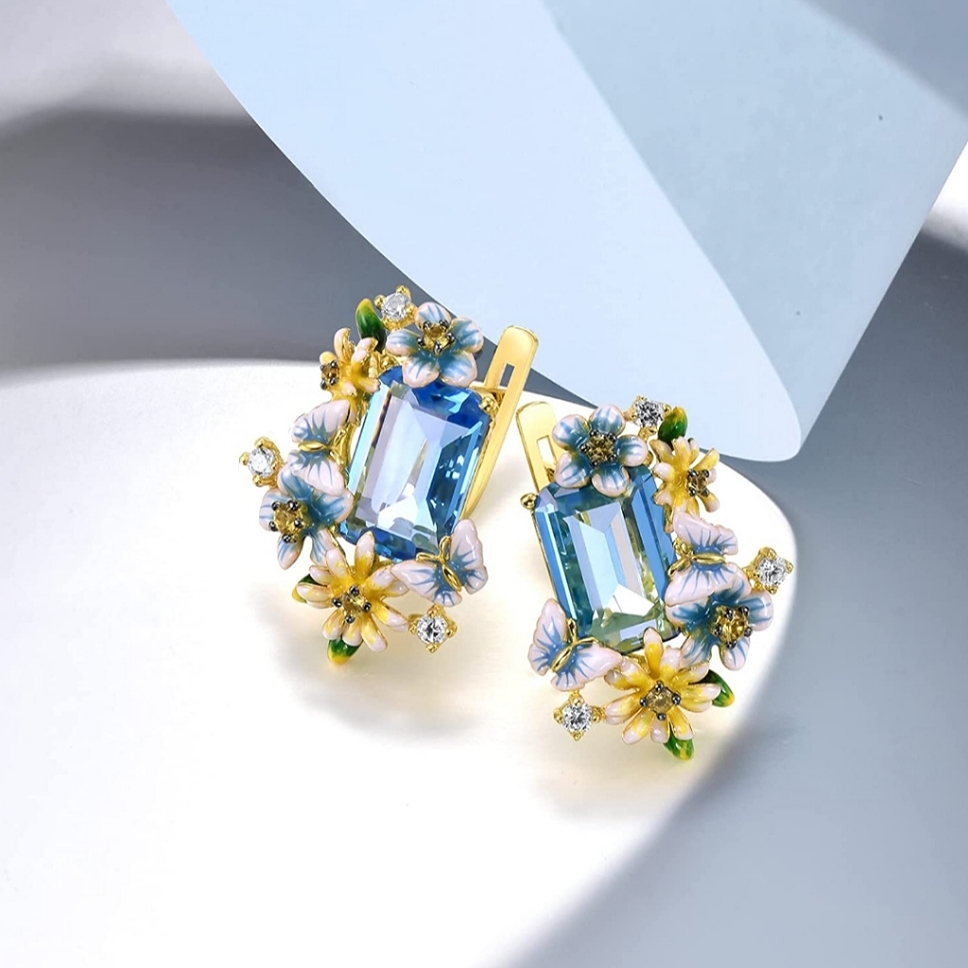 925 Sterling Silver 14k Gold Plated Blue Crystal Enamel Blooming Flower Earrings 123$